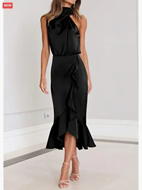 Satin Mock Neck Wrap Midi Dress Sleeveless Formal Cocktail Party - Picture 2 of 7